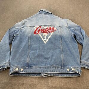 VTG Guess Jeans Jacket Mens XL Blue Y2K Denim Bomber Back Logo Los Angeles